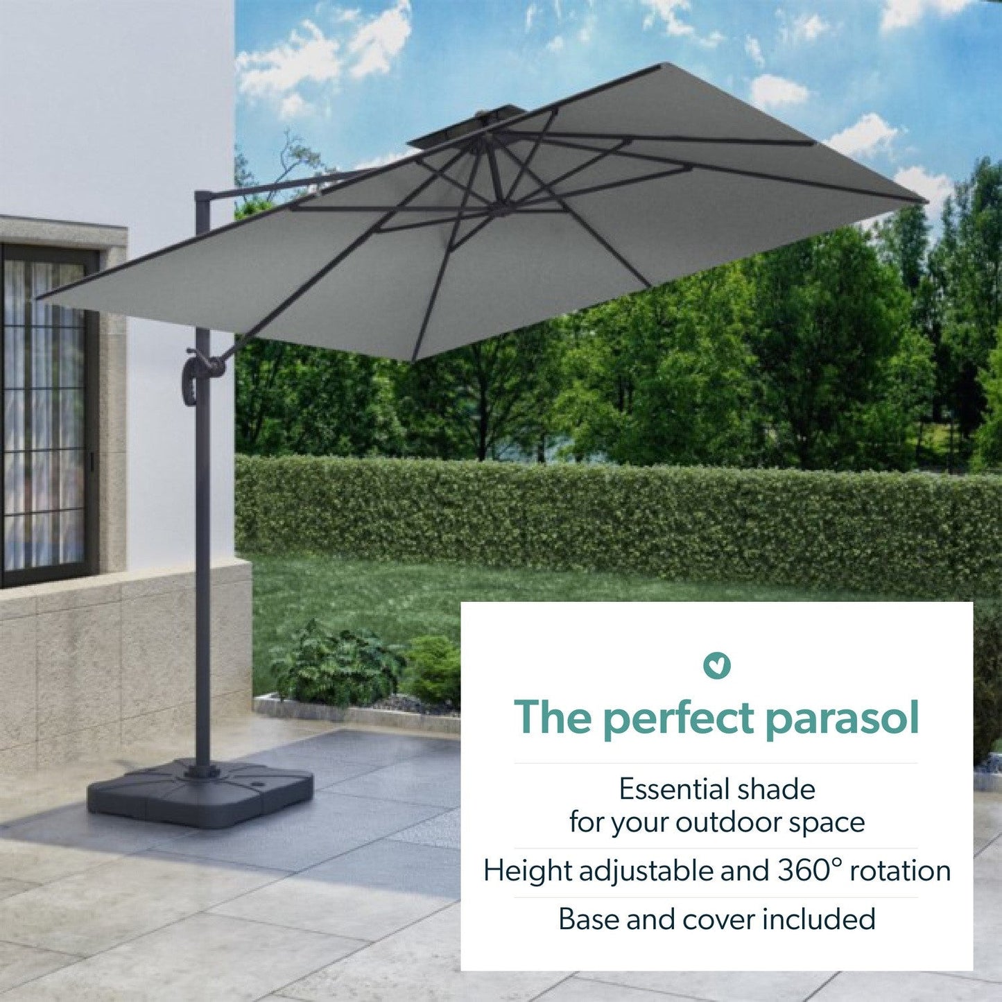 Como 3x3m Grey Square Cantilever Garden Parasol With Base And Cover