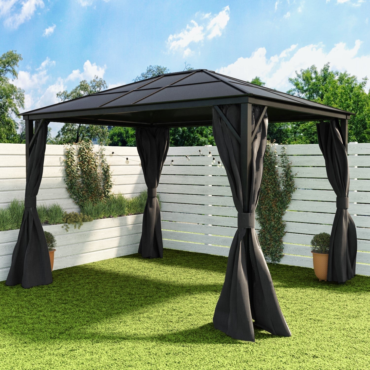  Fortrose 3x4m Black Metal Garden Gazebo With Grey Roof And Sides
