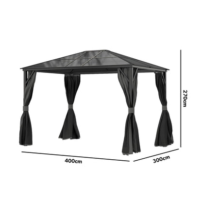  Fortrose 3x4m Black Metal Garden Gazebo With Grey Roof And Sides