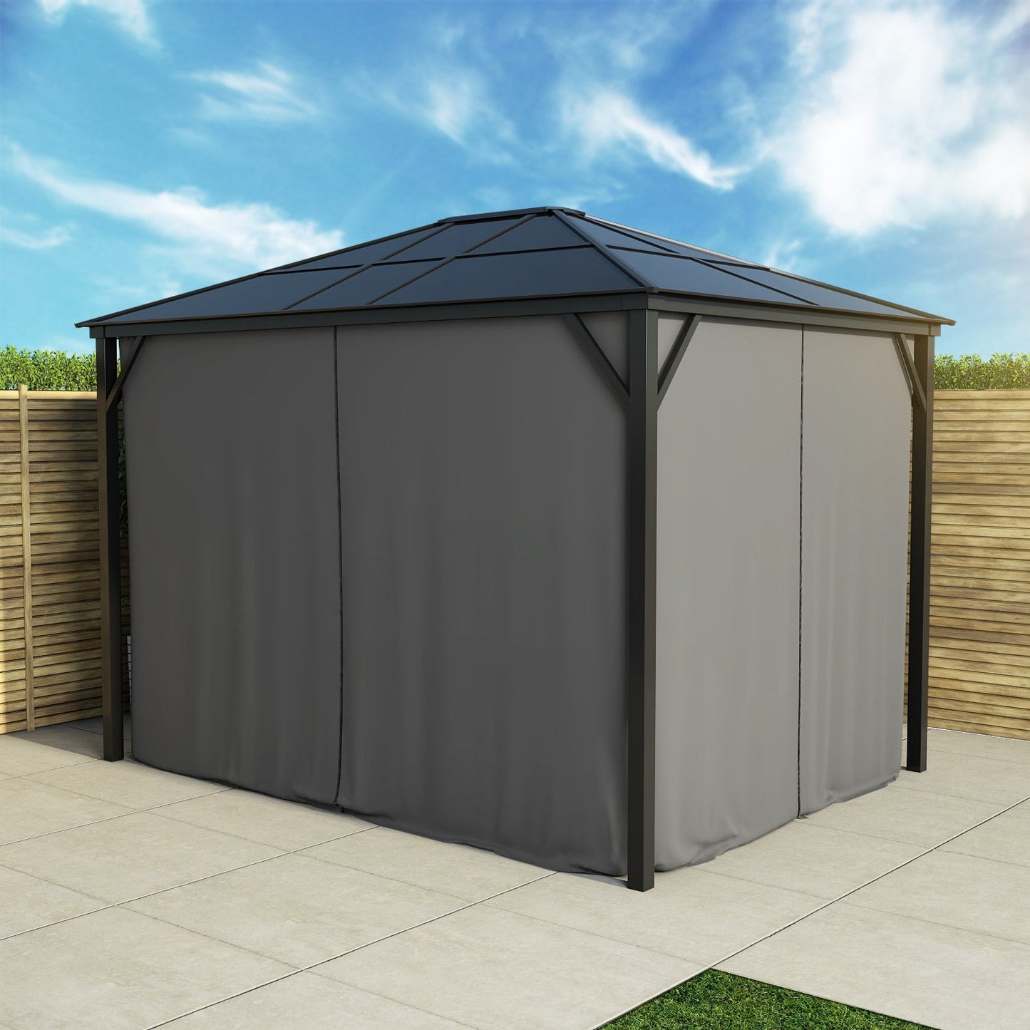  Fortrose 3x4m Black Metal Garden Gazebo With Grey Roof And Sides