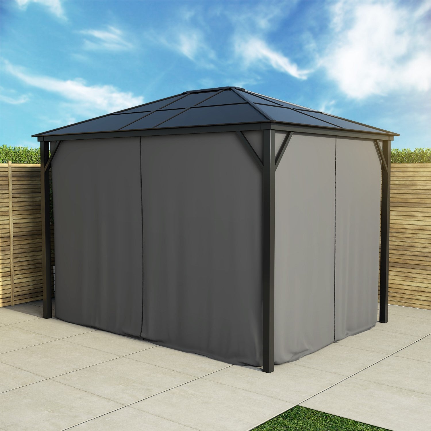  Fortrose 3x4m Black Metal Garden Gazebo With Grey Roof And Sides