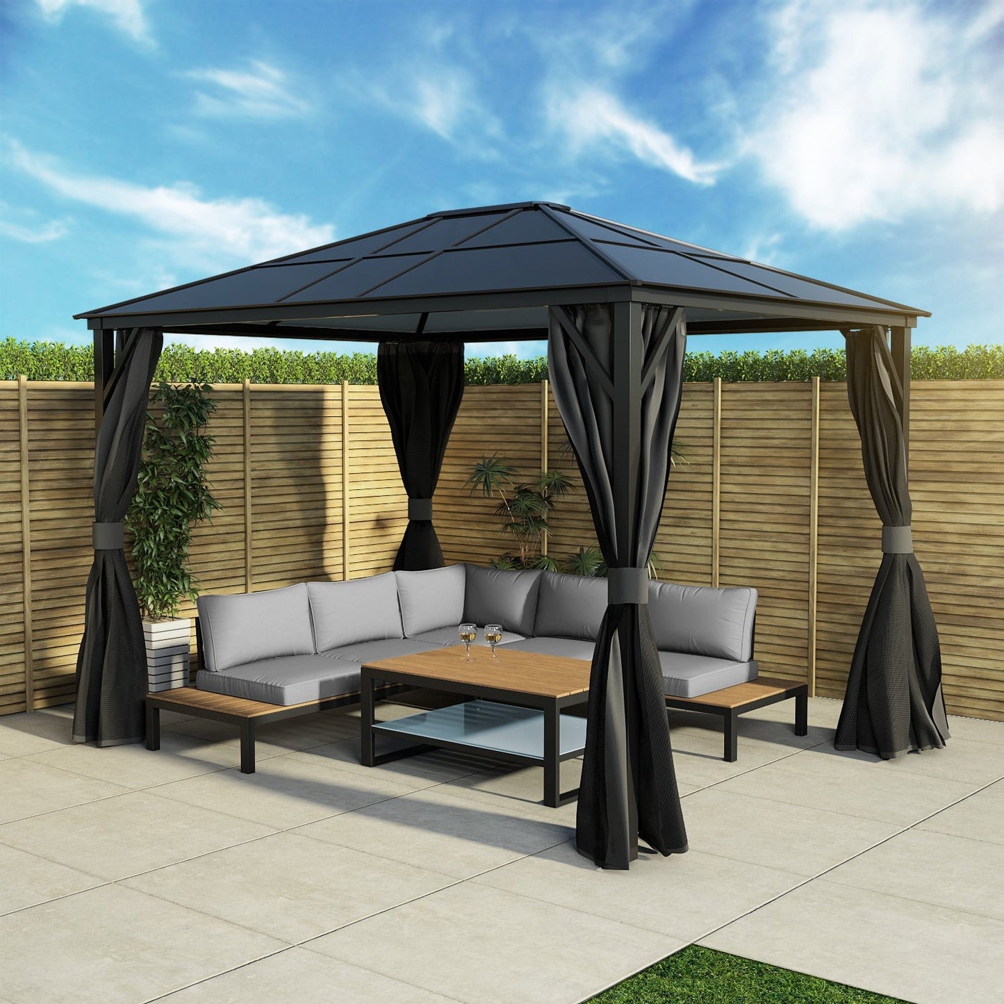  Fortrose 3x4m Black Metal Garden Gazebo With Grey Roof And Sides