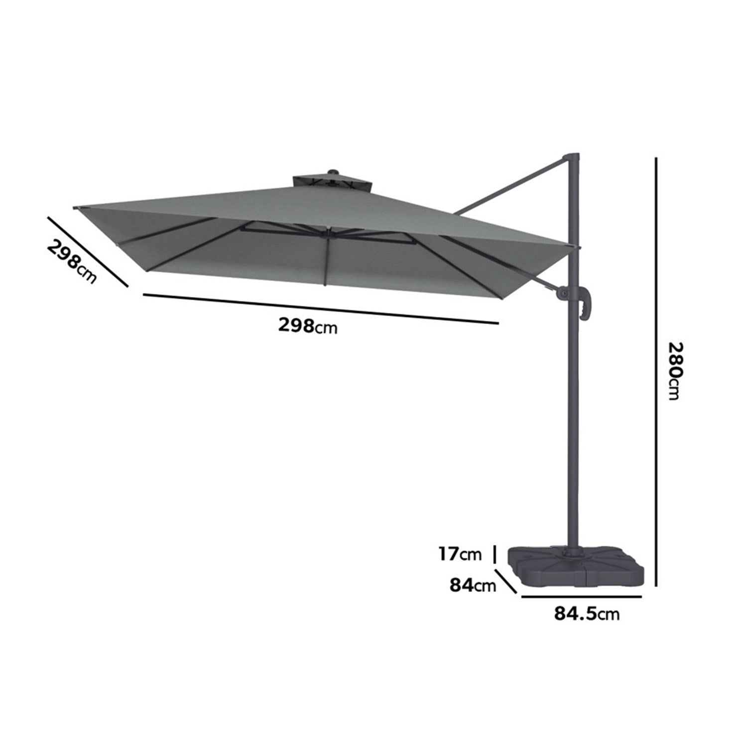 Como 3x3m Grey Square Cantilever Garden Parasol With Base And Cover