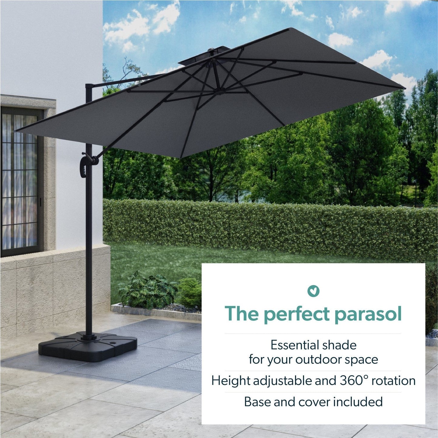  Como 3x3m Dark Grey Square Cantilever Garden Parasol With Base And Cover