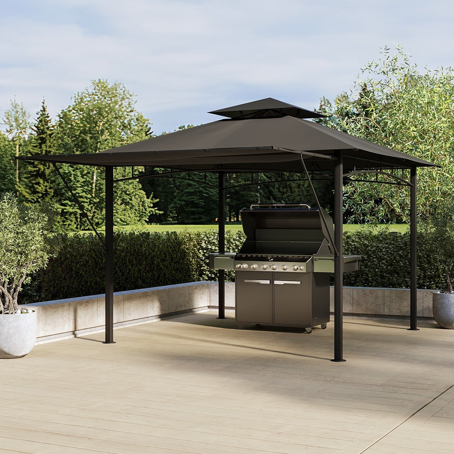  Fortrose 3x3m Black Metal BBQ Shelter Gazebo With Grey Canopy Roof And Retractable Side