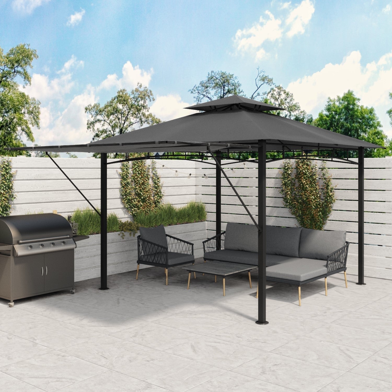  Fortrose 3x3m Black Metal BBQ Shelter Gazebo With Grey Canopy Roof And Retractable Side
