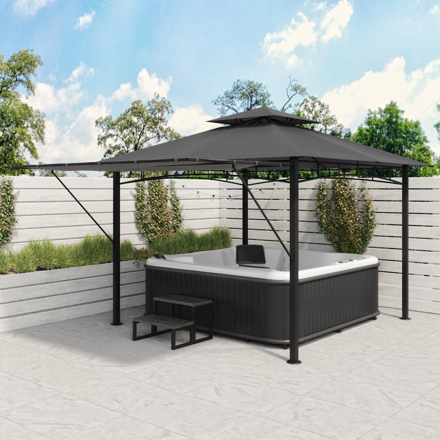  Fortrose 3x3m Black Metal BBQ Shelter Gazebo With Grey Canopy Roof And Retractable Side