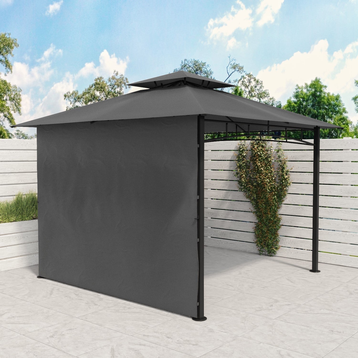  Fortrose 3x3m Black Metal BBQ Shelter Gazebo With Grey Canopy Roof And Retractable Side