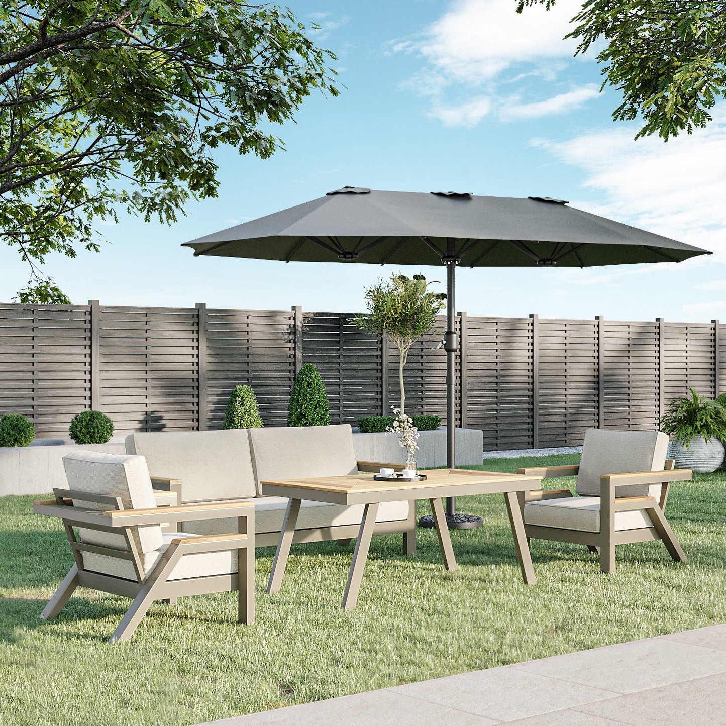  Como 2.7x4.5m Large Double Sided Grey Garden Parasol With Base And Cover