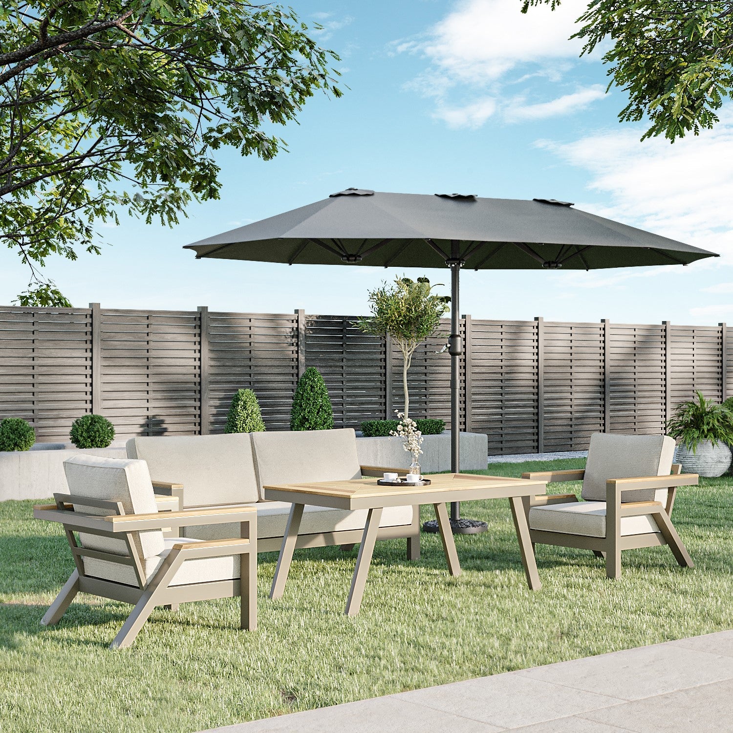  Como 2.7x4.5m Large Double Sided Grey Garden Parasol With Base And Cover